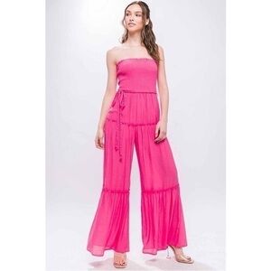 Love Tree Pink Strapless Jumpsuit Large Wide Flare Leg Smocked Top